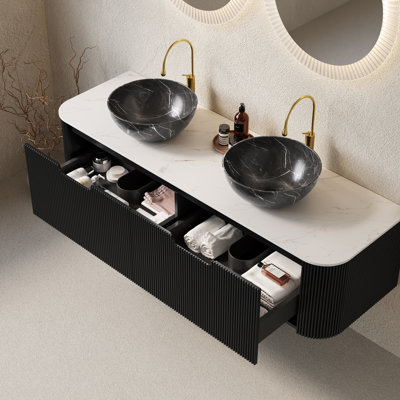 DINA 60" Bathroom Vanity With Sinks, Wall-Mounted Floating Curved Edges Striped Bathroom Storage Cabinet With 2 Drawers, 2 Black Bowl Ceramic Basins With Stone Pattern, Pre-Assembled, Black Color