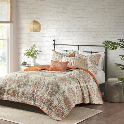 Couette orange à imprimé floral taupe, 3 coussins brodés, ensemble de literie 6 pièces en microfibre douce avec accent, design réversible, 2 taies d'oreiller standard