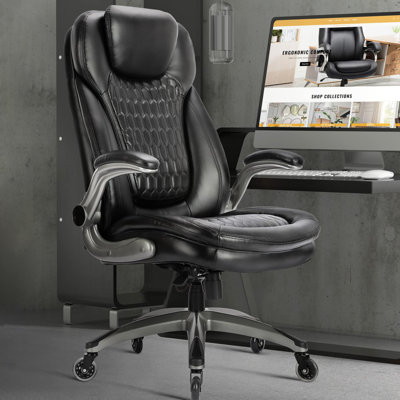 Executive Office Chair-Ergonomic Computer Desk Chair, High Back Leather Chair with Padded Flip-up Arms, Swivel Home Office Chair Upgraded Caster-Black -  Inbox Zero, B6A3B29E3E814E9E8049FD5978A4977C