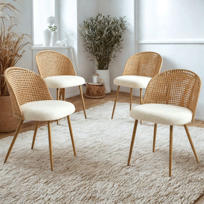 Wicker brown dining chairs set of 4, modern restaurant chairs, kitchen Bohemian style medieval-style soft beige sponge seat cushion