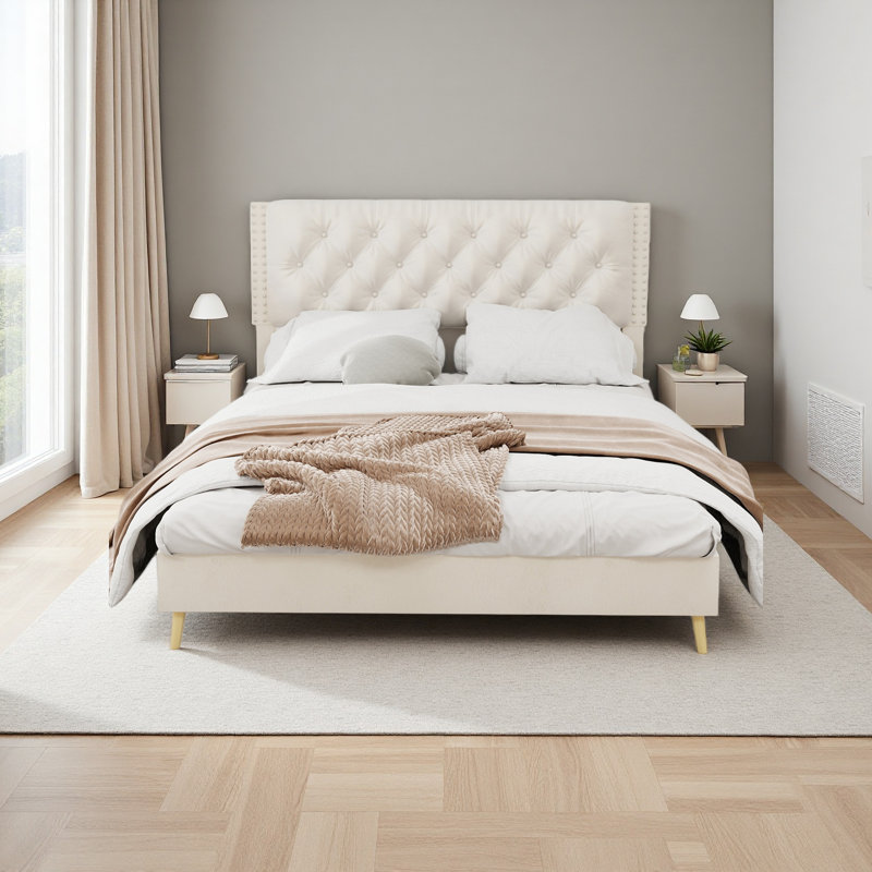 Lit moelleux en suède, Beige, Grand lit