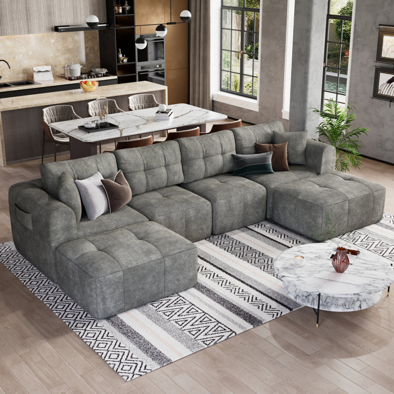 140" U-Shaped Sectional Sofa, 4 Seat Modular Cloud Couch Boneless With 2 Convertible Ottomans & Deep Seat, Modern Chaise Lounge For Living Room, Chenille, No Assembly Required