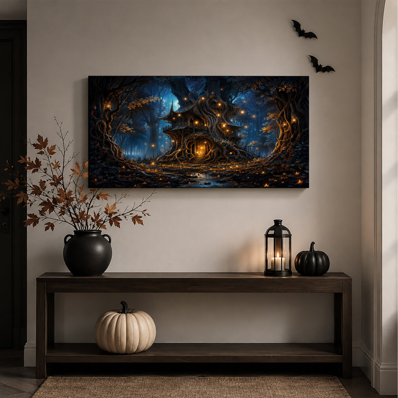 Superbe cabane dans les arbres avec lanternes lumineuses dans une toile murale sombre d'Halloween, 46"W x 24"H