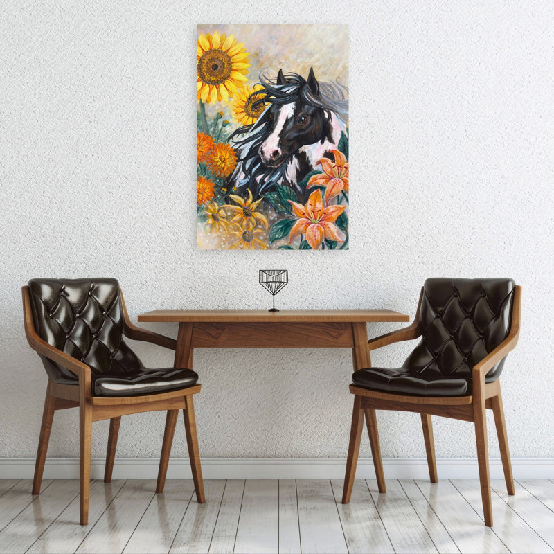 Cheval parmi les tournesols, art abstrait coloré de dahlia, H 36 po x l 24 po