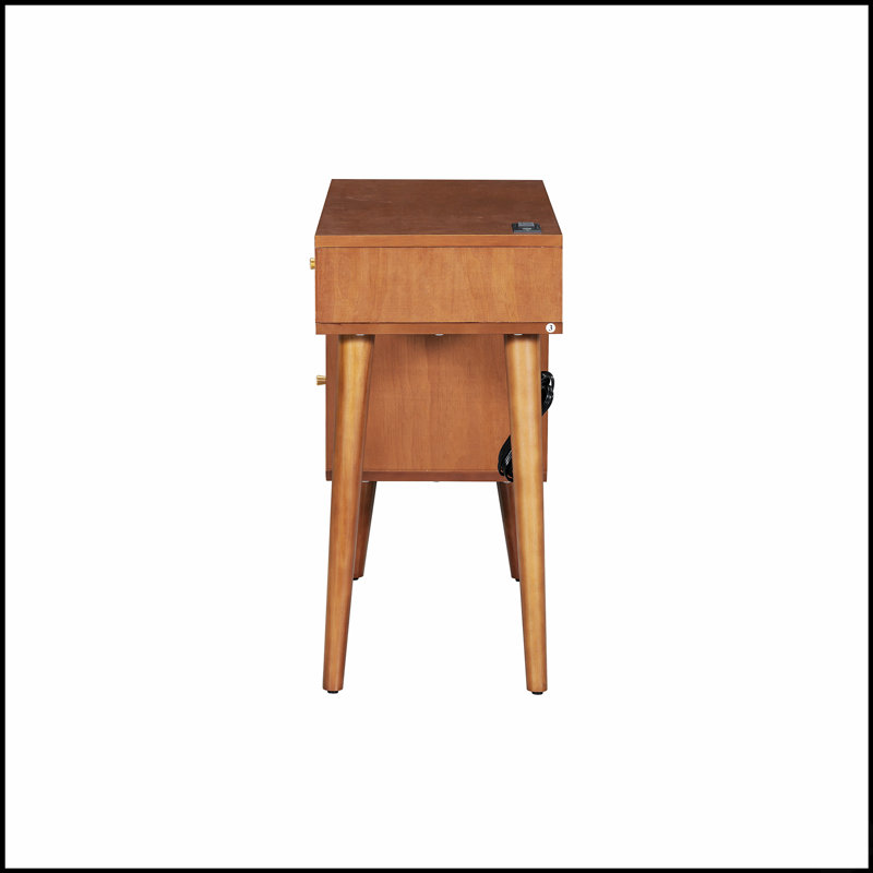 Ensemble de coiffeuse à maquillage rétro en bois bohémien avec prise de charge, port USB, tabouret et tiroirs de rangement multiples