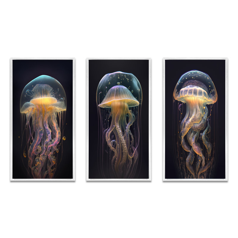 «Jellyfish», 3 pièces sur toile, Cadre flottant blanc, H 28 po x l 36 po
