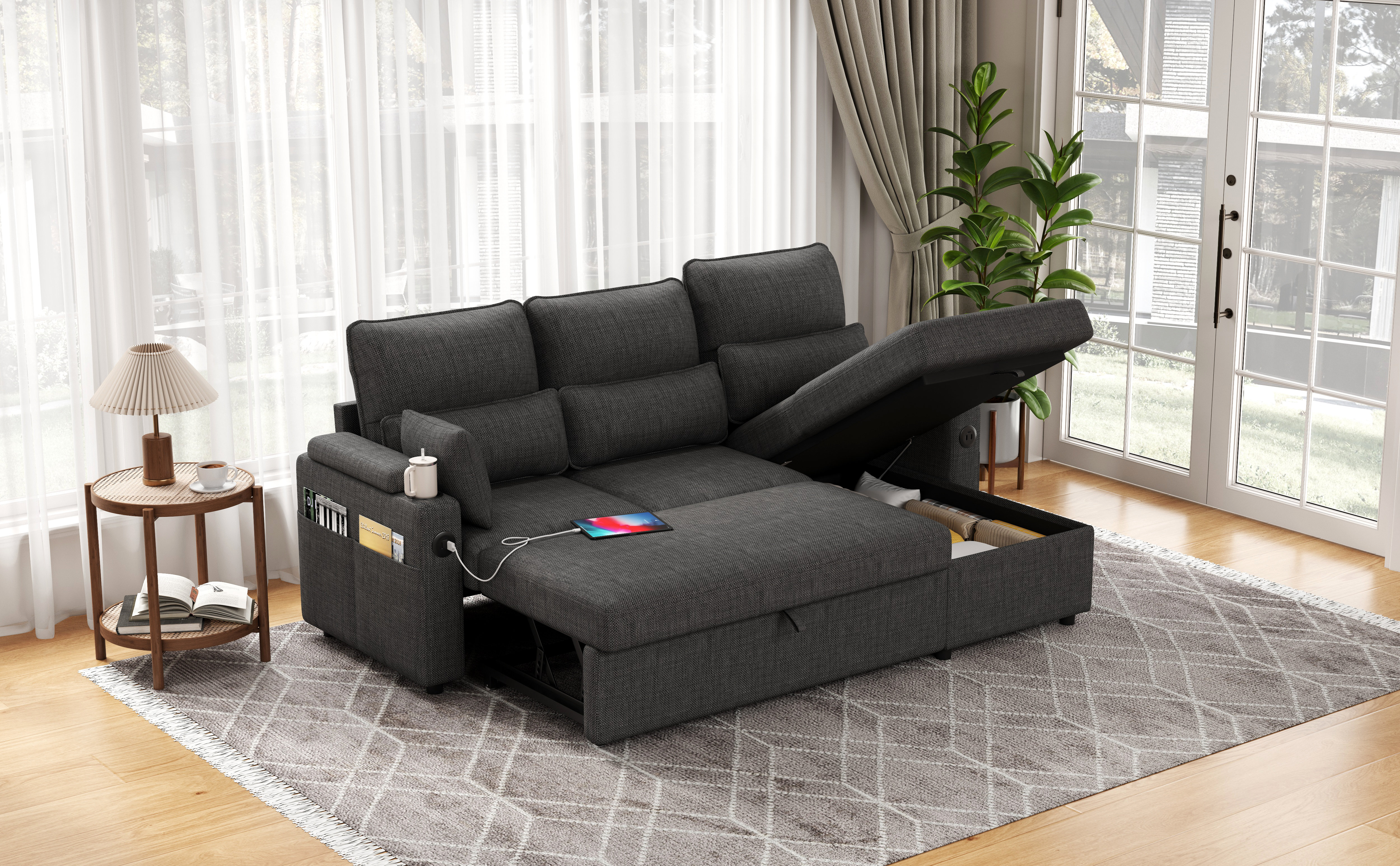 Ebern Designs L-shaped Sectional Sofa Bed Pull Out Sleeper Couch With ...