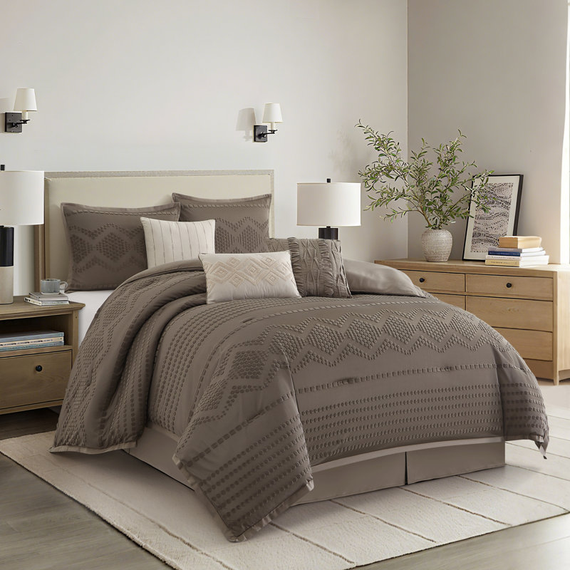 Ensemble d'édredon jacquard géométrique 7 pièces Whki, Brun, Grand lit