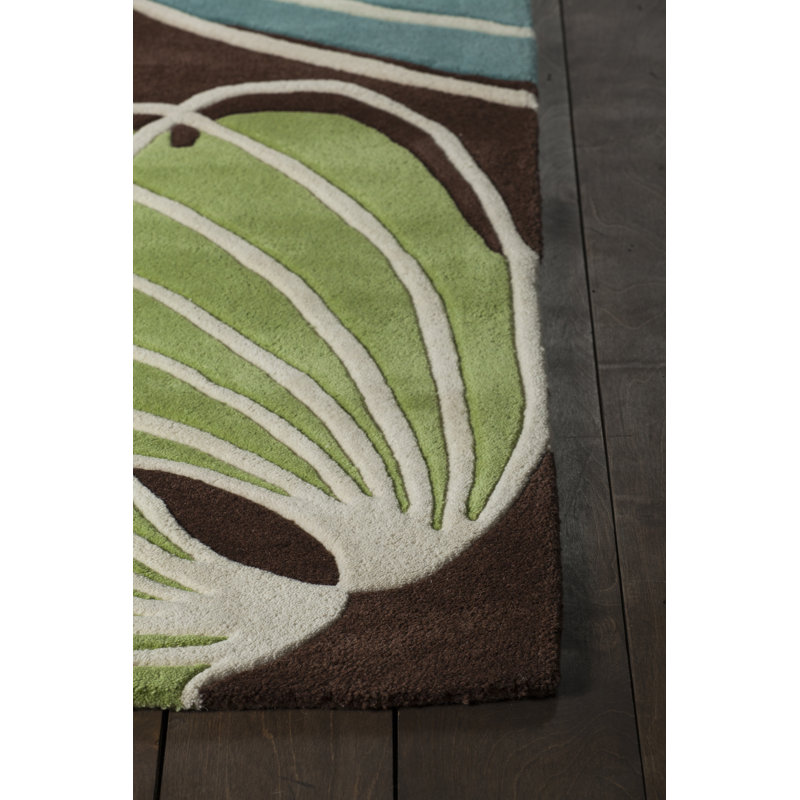 Tapis d'intérieur en laine à feuilles abstraites touffeté à la main brun, vert, bleu et blanc Bynum Authentic