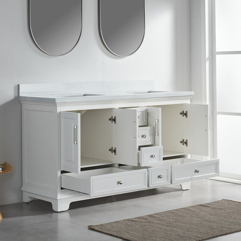 Meuble-lavabo double 60 po avec pierre artificielle, Blanc