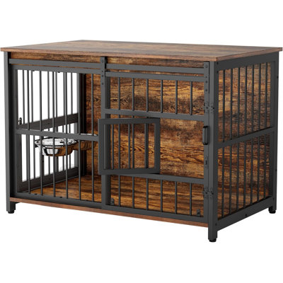 Dog Crate Furniture, Wooden Heavy-Duty Dog Cage with Sliding Barn Door, Escape-Proof and Chew-Proof, Interactive Window for High-Anxiety Dogs, Double-Door, 360° Adjustable Bowls