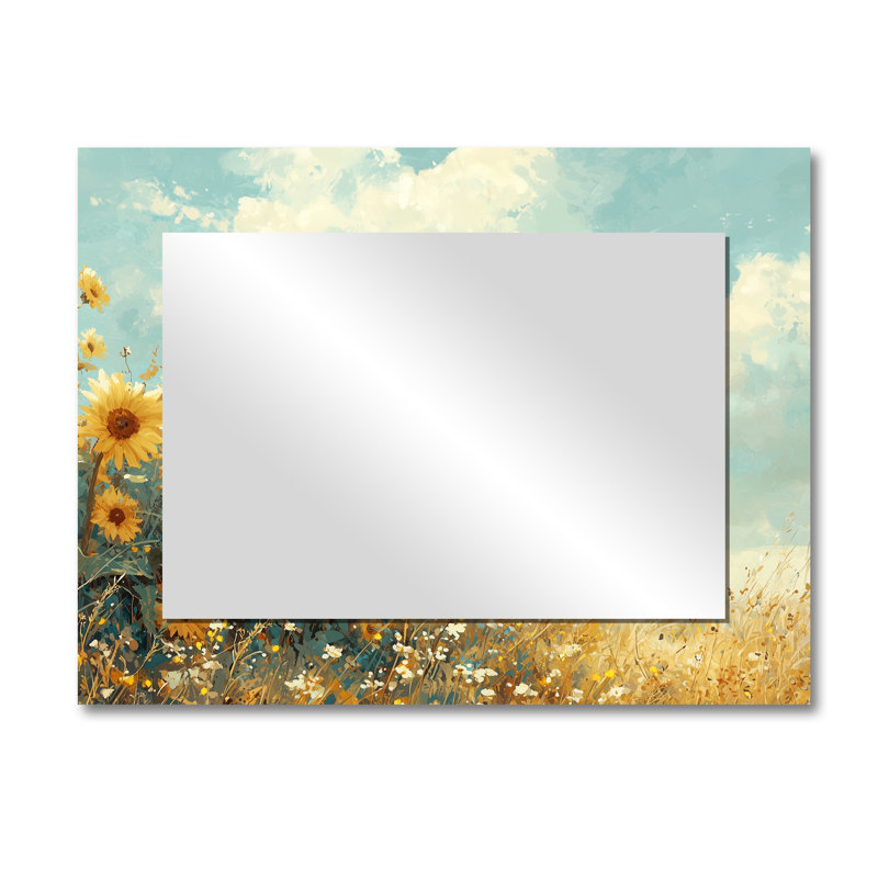 «Countryside Sunflowers In The Wind» - Décoration murale miroir floral - imprimé sur métal, 30 po x 40 po