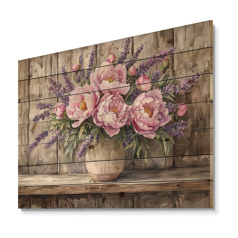 Pivoines et bouquet de lavande I - Art mural en bois pivoines - sur bois de pin naturel, H 34 po x l 44 po x P 0,78 po