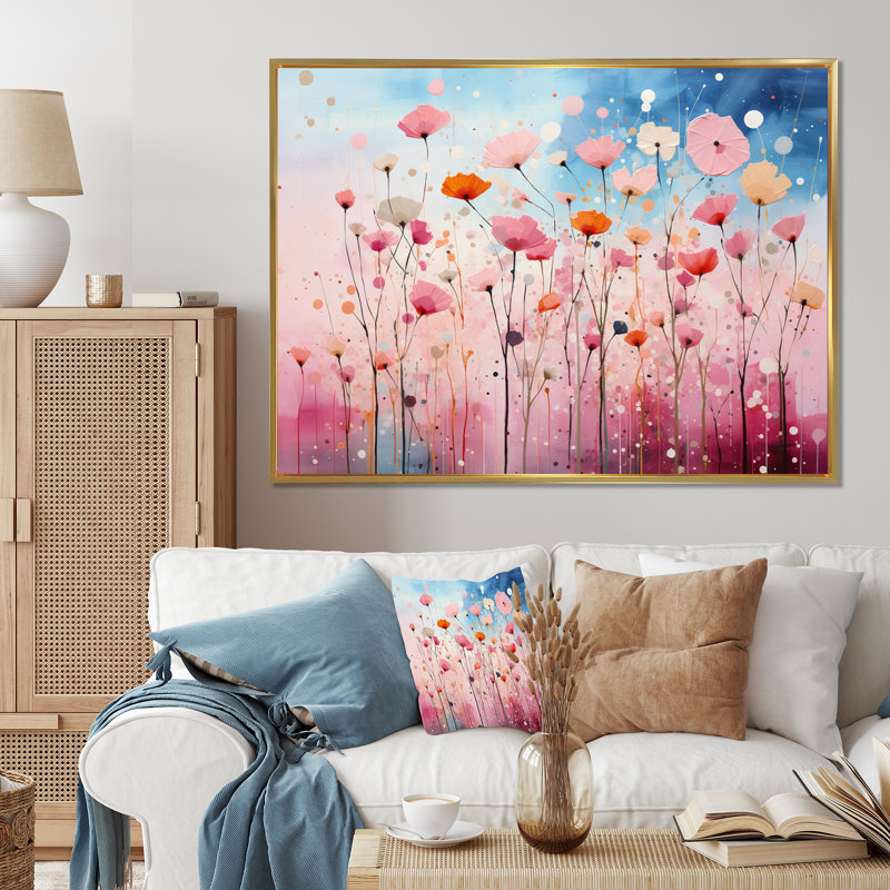Swanfield rose pastel pastiche sur toile, Cadre flottant doré, H 24 po x l 32 po x P 1 po