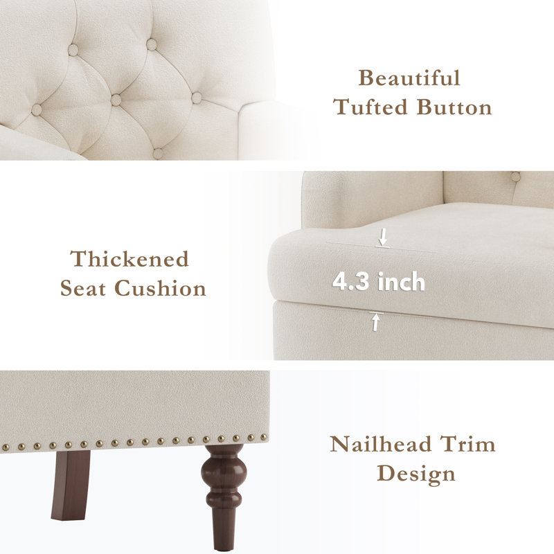 Fauteuil d'appoint ergonomique capitonné avec pieds cloutés et garniture cloutée en tissu respirant, Beige