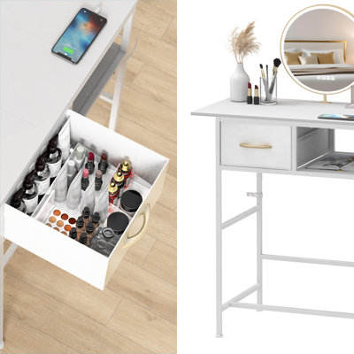 31.5 Inch Vanity Desk With Charging Station, White Makeup Vanity Table With Fabric Drawer And Open Storage