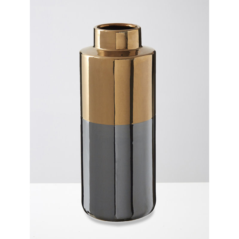 Ahmed Ceramic Table Vase, Grey/Gold, 34cm H x 14cm W x 14cm D