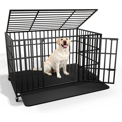 Cage pour chien robuste de 48 pouces, cage pour chien indestructible pour l'intérieur, cage pour animaux de grande taille à l'épreuve des fuites, cage pour chien à forte inquiétude avec double porte, roues verrouillables et plateau amovible