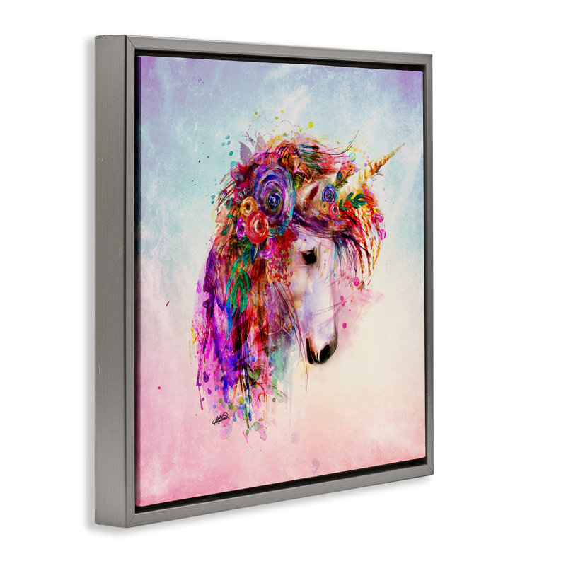 "Abstrait licorne avec fleurs", art mural encadré par Sally Kaye Barlow / Makaio Design, H 18 po x l 18 po