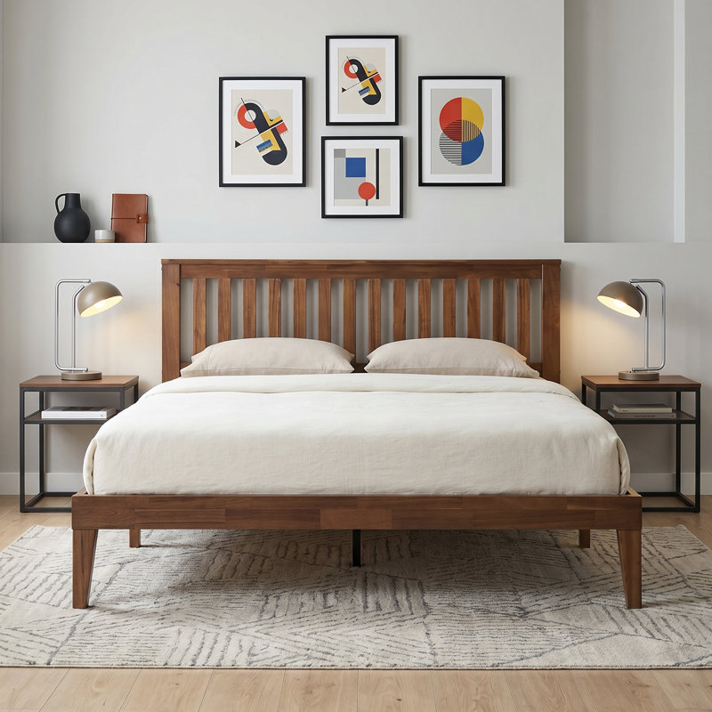 Japer Full Size Bed Frame with Headboard & Footboard, Solid Wood Platform Bed, 12 Sturdy Slatted Structure with Metal Legs, Anti-Noise & Slip-Free, Walnut Finish