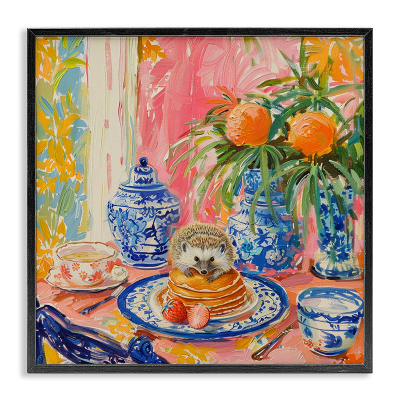  Pancakes Stack & Hedgehog Giclee Art by LSR Design Studio, Midnight Black Framed Giclee, 17" H x 17" W