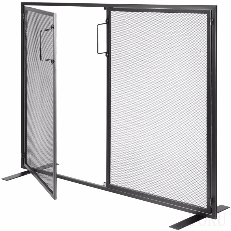 Fireplace Screen 1 Panel With Door, Sturdy Iron Mesh Fireplace Screen, 38.98"(L) X30.7"(H) Spark Guard Cover, Simple Installation, Free Standing Fire Fence Grate For Living Room Home Decor Moder