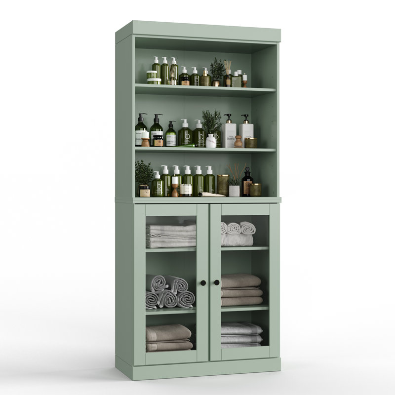 Armoire de salle de bain 100% bois massif 32 "avec portes en verre et tablettes réglables, Sauge