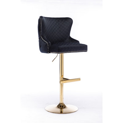 Chaise de bar en velours noir à hauteur réglable, dossier et fermeture à glissière en forme de losange, coussin en éponge confortable et confortable, ornement en forme de tête de lion doré, pieds dorés électrolytiques, chaise de luxe à glissière, fermeture à glissière