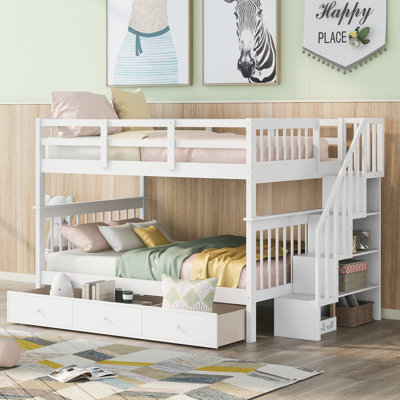 Stairway Full-Over-Full Bunk Bed With Drawer, Storage And Guard Rail For Bedroom, White