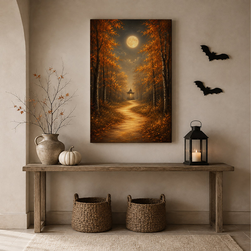 «Autumn Forest Path And Gazebo Under Full Moon Halloween», art mural sur toile, H 30 po x l 20 po