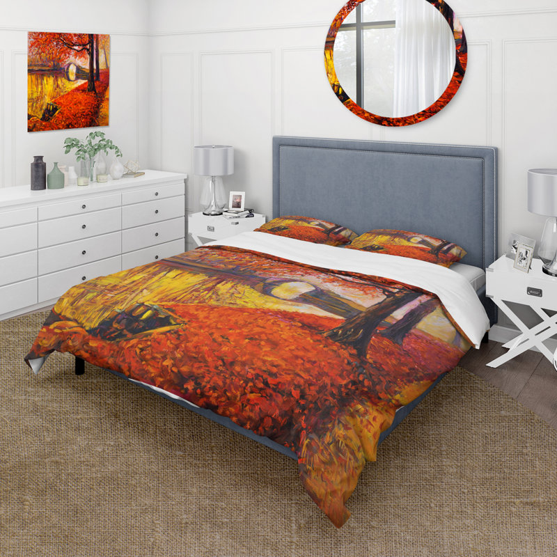 «Little Bridge In Orange Autumn Landscape I», ensemble de housse de couette traditionnel - microfibre de polyester