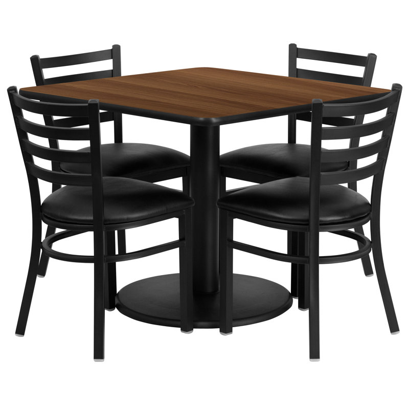 Ensemble de table carrée en stratifié 36 po avec base ronde et 4 chaises en métal Hao, Noyer