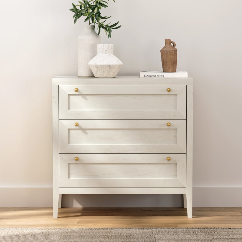 Commode 3 tiroirs Farmhouse, commode large, table de chevet 3 tiroirs, Blanc antique, 1