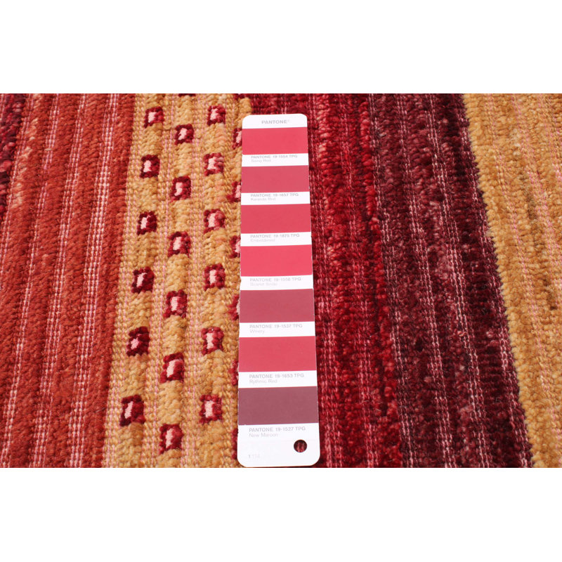 Tapis rayé rouge foncé / beige en laine fait à la main 5 pi 3 po x 8 pi 2 po