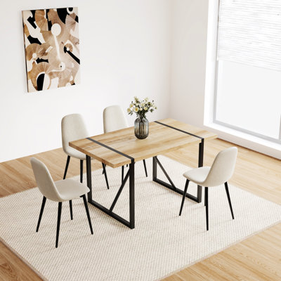 Table de salle à manger moderne de style Mid-Century de 55 po avec 4 chaises, de forme carrée, en lin massif ergonomique de haute qualité de 1,5 po, côtés chanfreinés, cadre en métal, guide d'installation rapide et chaise, matériel,