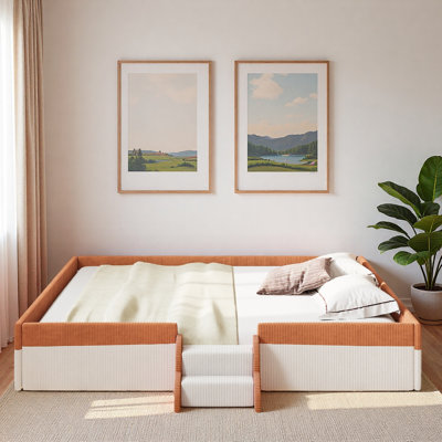 Upholstered Floor Kids Bed with Fence, 2-Tier Steps and LED Light Strips