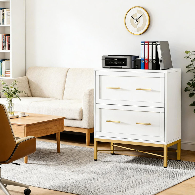 Classeur de bureau, deux tiroirs, apparence blanche et dorée, rails réglables pour le rangement organisé, système de verrouillage pour réduire le basculement, glissières de qualité Fonctionnement silencieux
