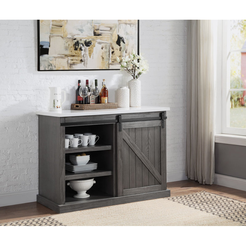 Gray Oak Kitchen Island with White Marble Top and Sliding Barn Door