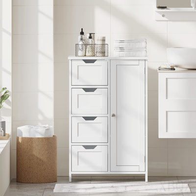 Armoire de rangement de salle de bain avec 4 tiroirs et 1 porte, organisateur de plancher autoportant en bois pour la salle de bain, armoire de rangement étroite pour les petits espaces, entrée, salon ou couloir, blanc