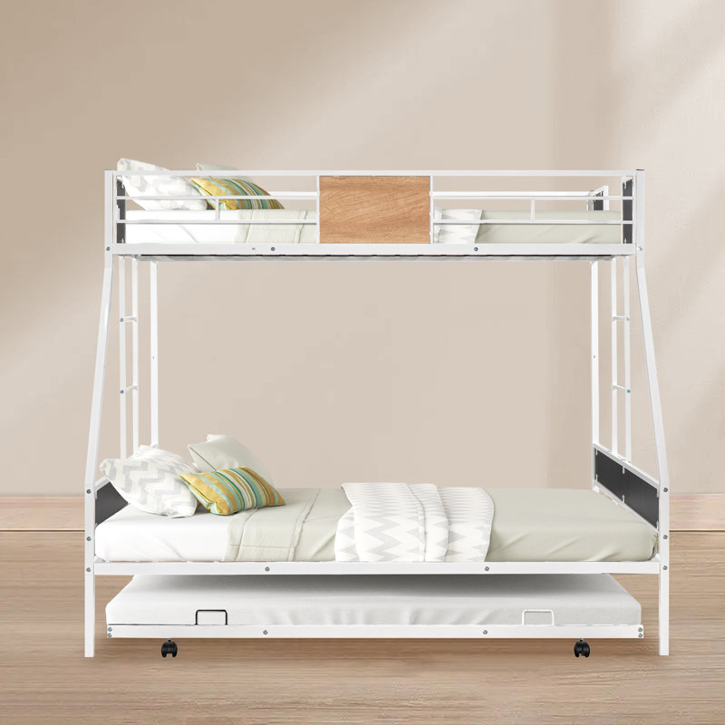 Lit simple superposé au dessus d'un lit double avec gigogne Brumbaugh, Blanc/chêne