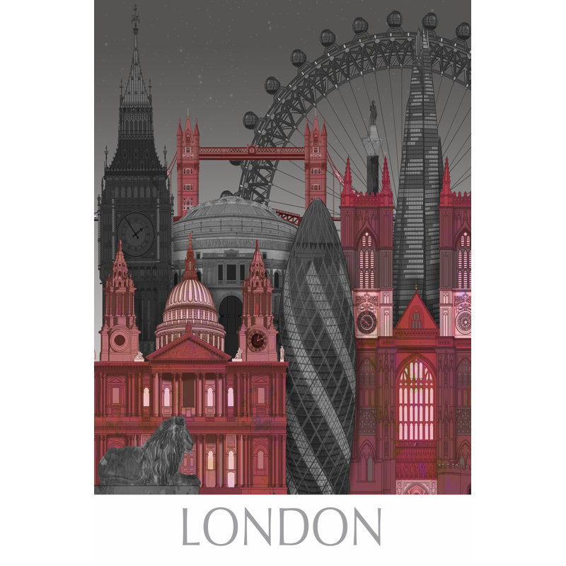 London Elevations By Night Red by Fab Funky - Wrapped Canvas Print, 30cm H x 20cm W