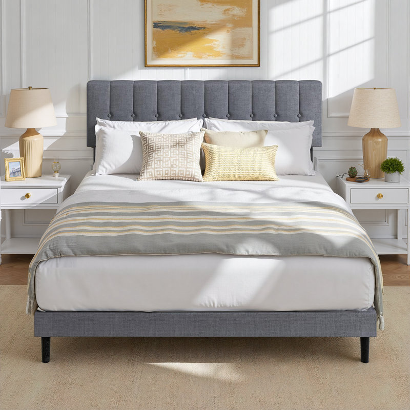 Platform Bed with Upholstered Adjustable Headboard, No Box Spring Needed, Full, Light Gray