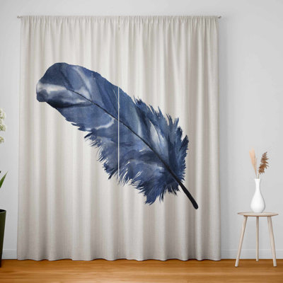 Blue Feather Blackout Window Curtain Pair for Home Decor