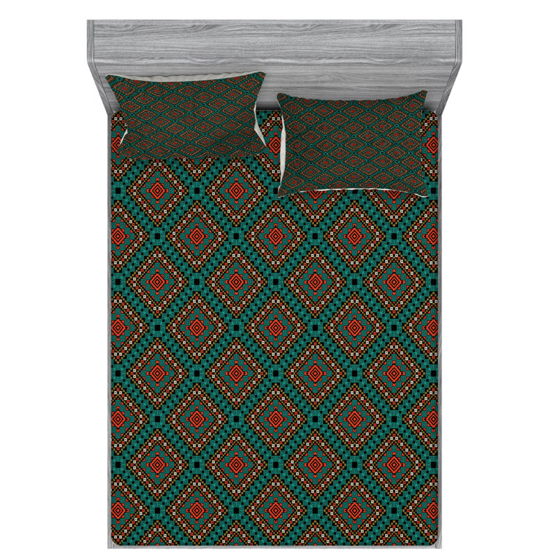Ethnic Microfiber Geometric Sheet Set, Queen Sheet Set with Fitted Sheet