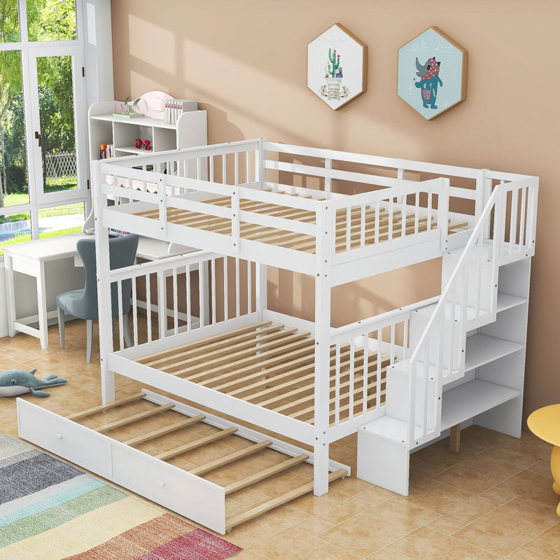 Lit superposé double en bois avec lit gigogne et escalier, Blanc