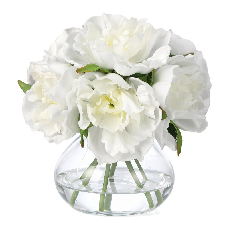 Pivoines blanches, fleurs artificielles avec vase, arrangements de fausses pivoines, vase en verre