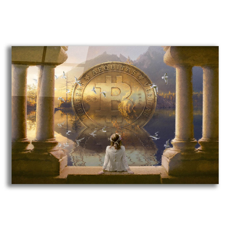 «Bitcoin Deco Three» par Steve Hunziker, art mural en verre acrylique, H 12 po x l 16 po x P 0,13 po