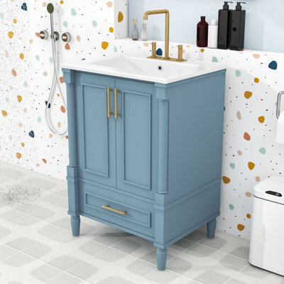 Meuble-lavabo peu encombrant avec lavabo en céramique, pieds en bois massif, charnières à fermeture en douceur et tablette réglable