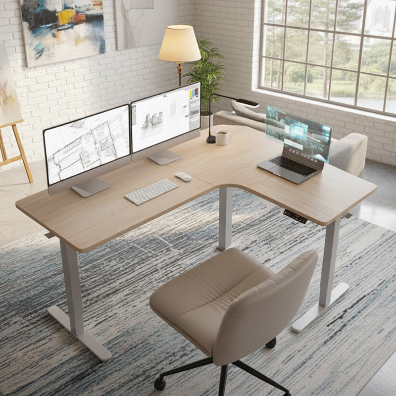 63" L-Shaped Standing Desk, Electric Height Adjustable Corner Desk with 3 Preset Heights, Built-in Power Outlets & Large Power Strip Holder, Dual Motor for Faster Speed, Natural