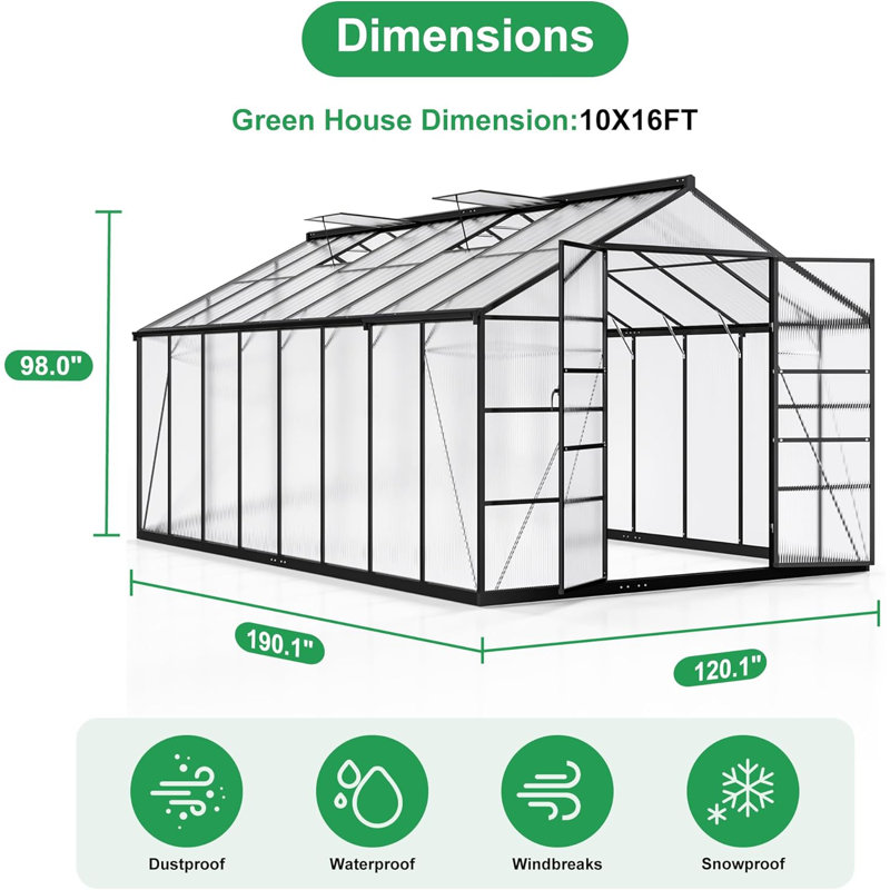 Serre de 10 pi x 16 pi en polycarbonate avec évent de toit, noir, 10 x 16 pi